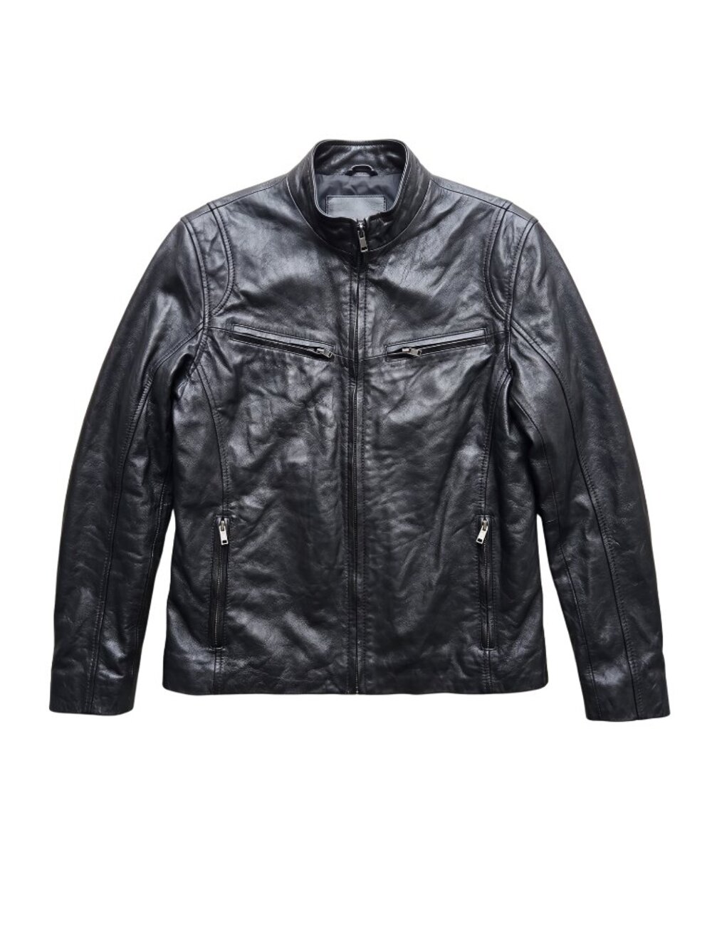 NWOT Black Genuine Real Leather Mandarin Collar Moto Racer Jacket Pockets Small
